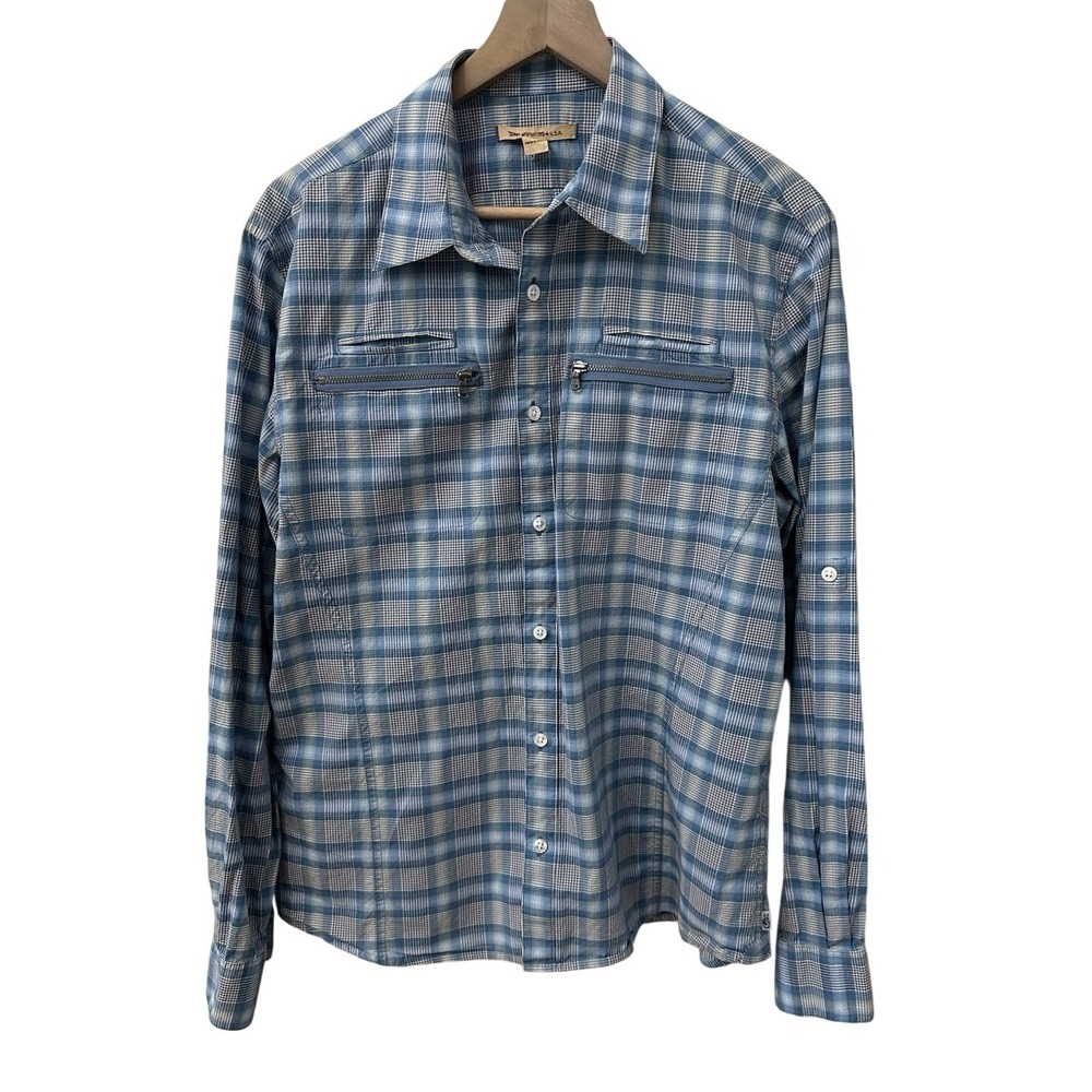 John Varvatos USA Button Down Shirt L Blue Plaid Zip Pocket Utility Long Sleeve